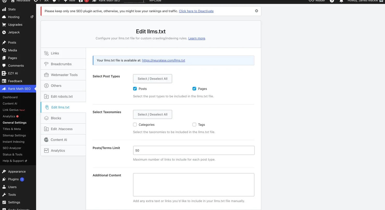 Rank Math llms.txt configuration screen in WordPress