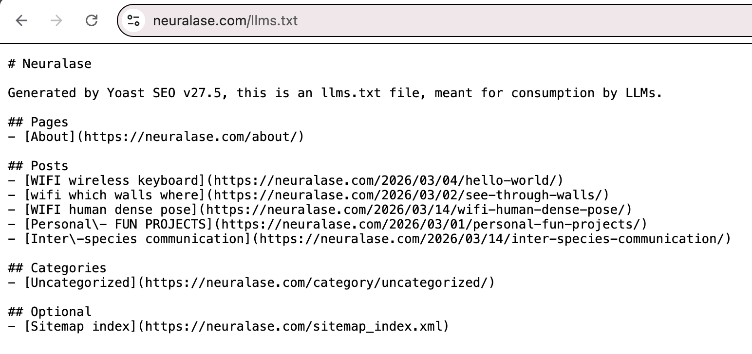 Yoast llms.txt output screenshot