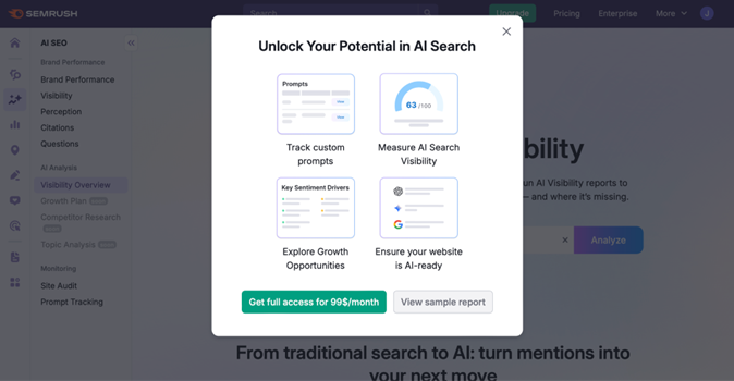 Semrush - Upsell Popup for $99/mo