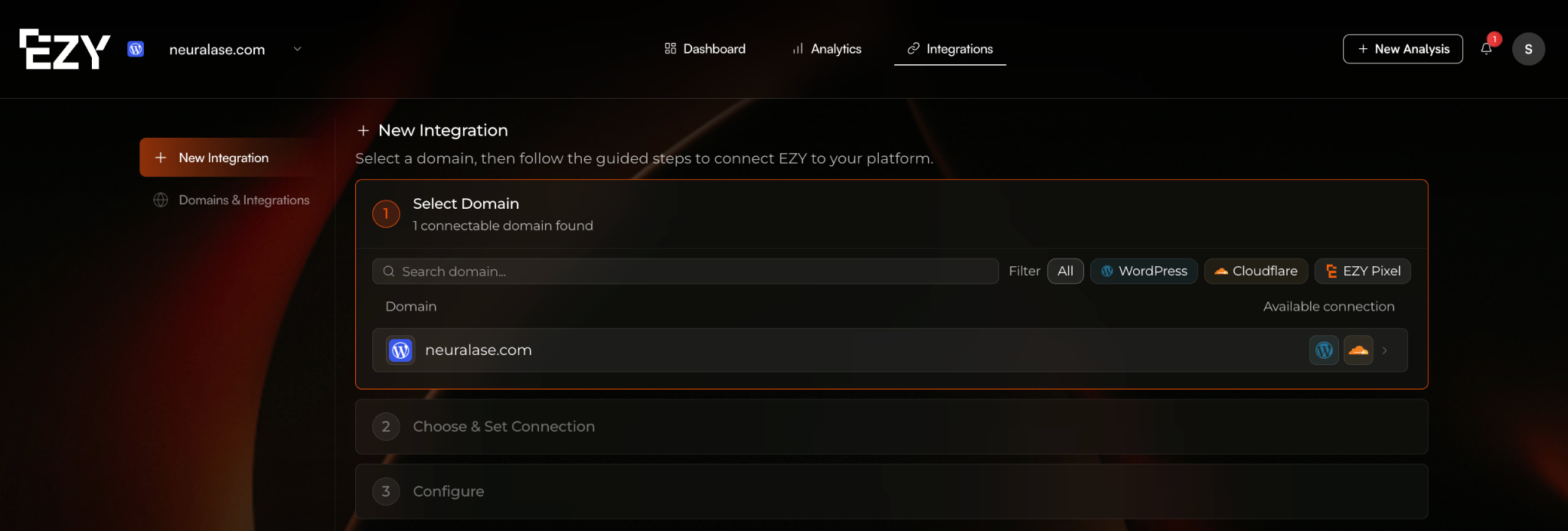 EZY Integrations: domain selected, Cloudflare integration