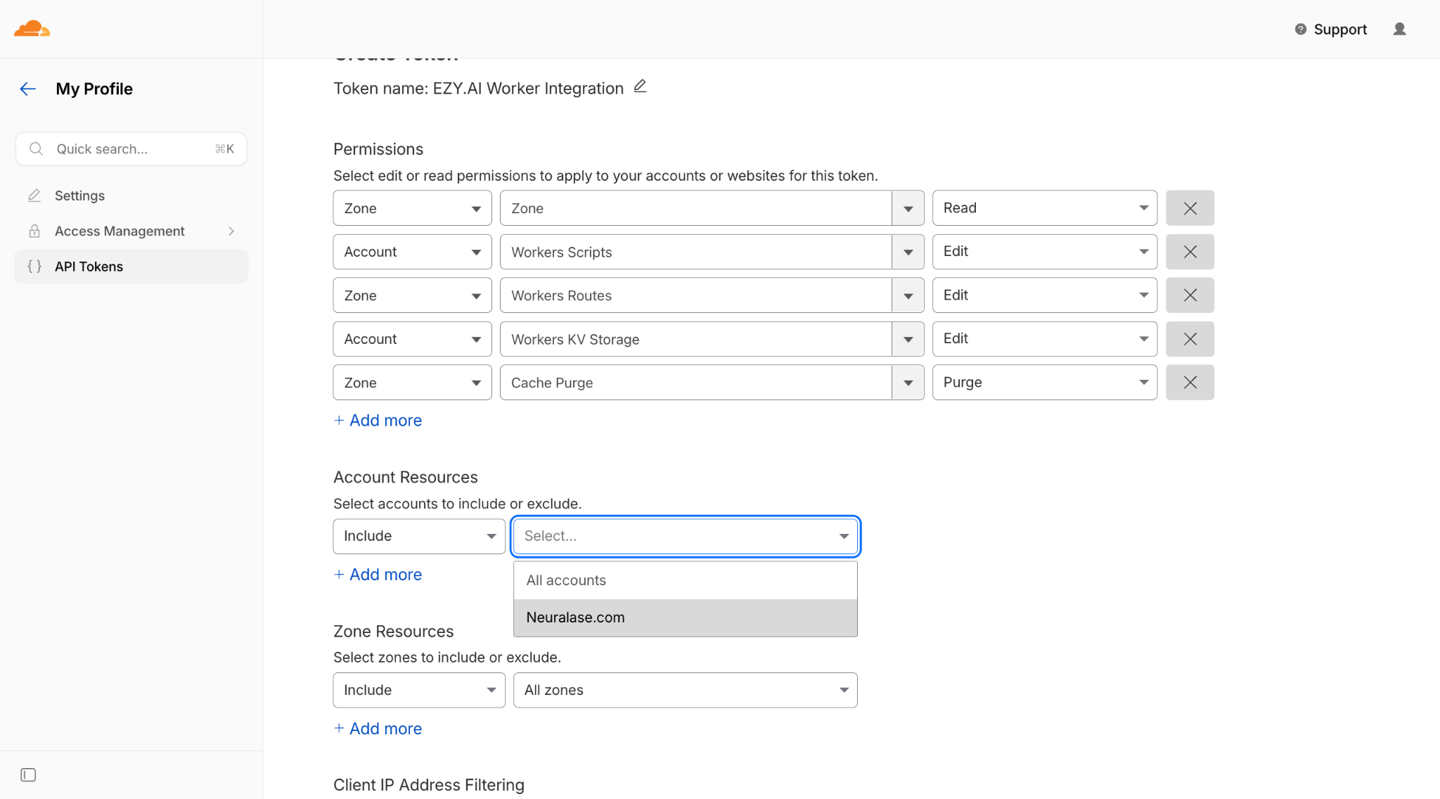 Open Cloudflare to create API token from EZY