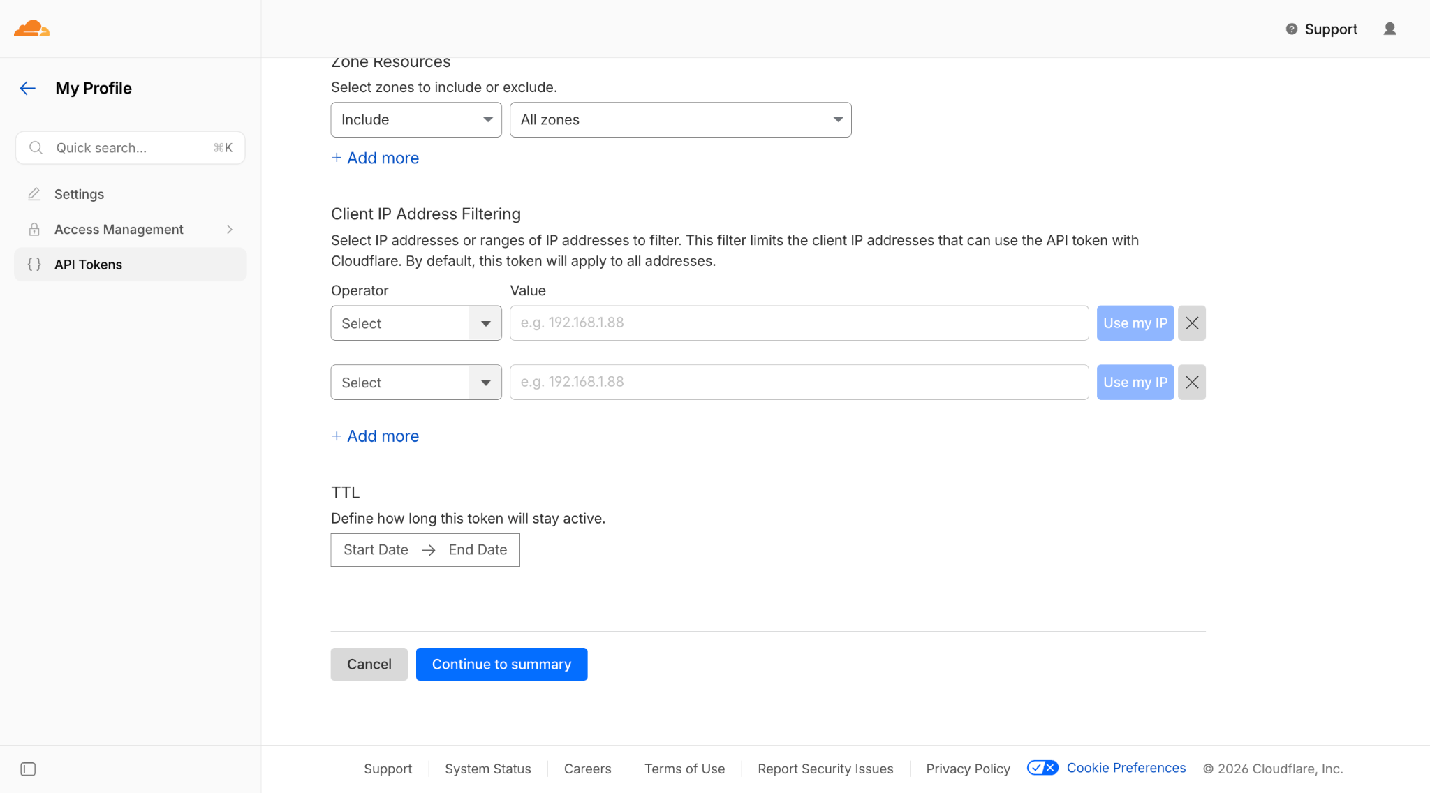 Cloudflare custom token with permissions pre-filled
