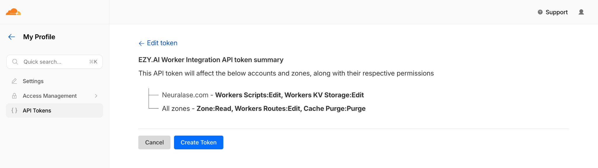 Cloudflare API token Create Token step