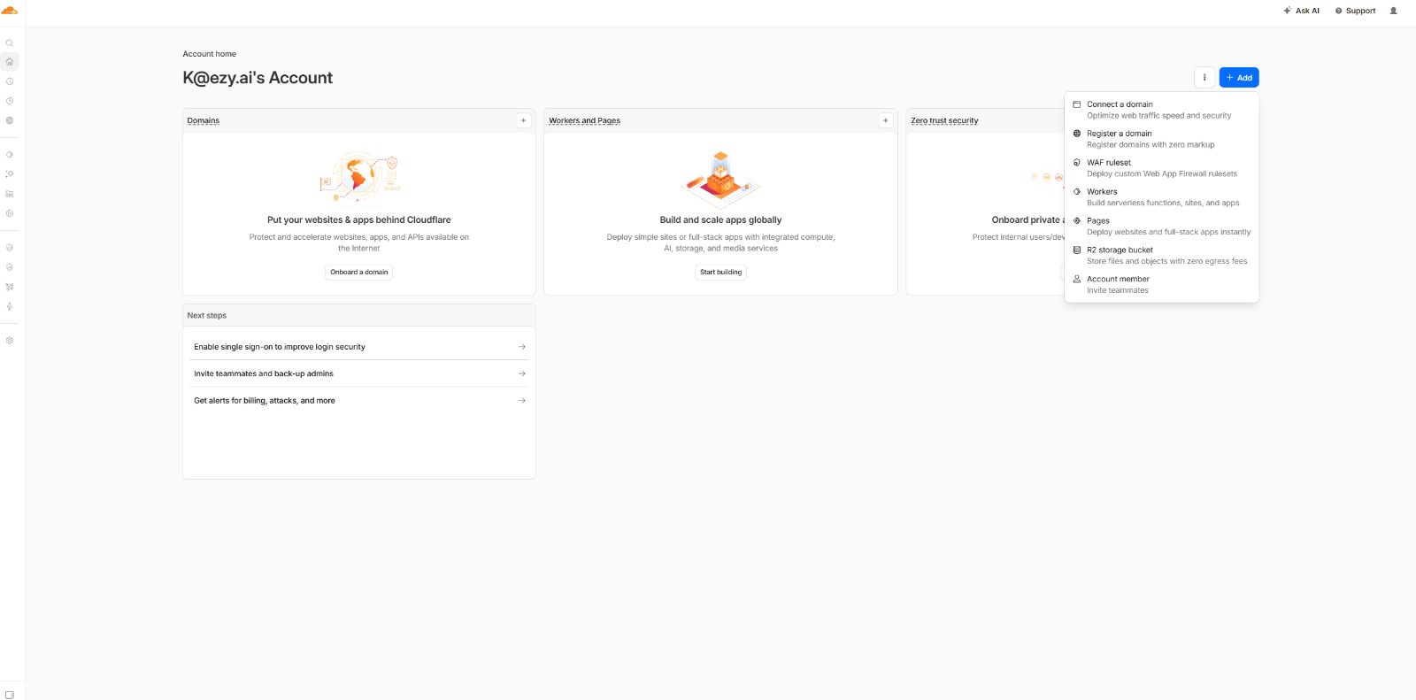 Cloudflare dashboard with Workers option