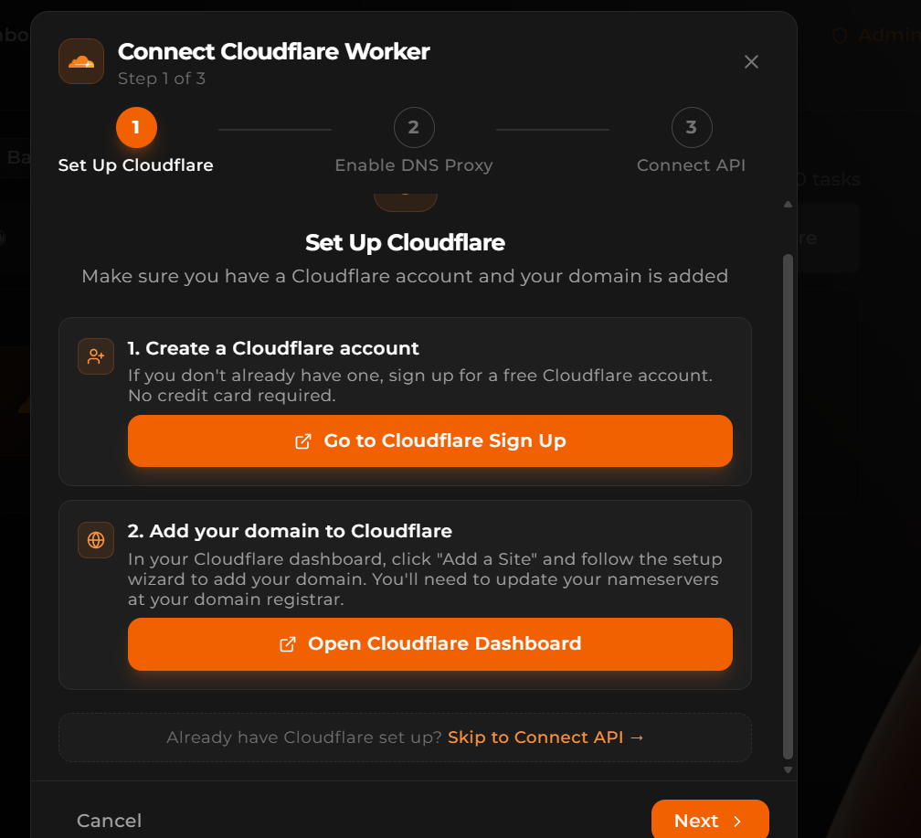 EZY.ai Connect Cloudflare Worker wizard - Step 1