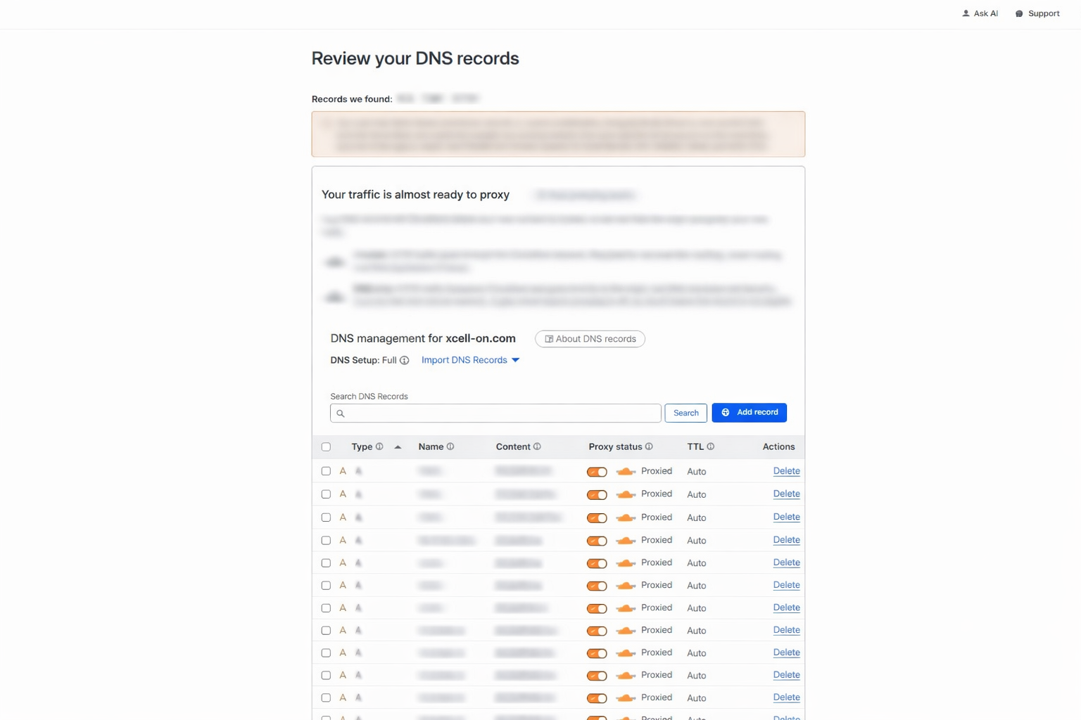 Cloudflare DNS records review page with proxy status