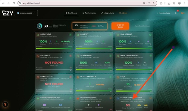EZY dashboard showing Search Console Setup widget for Google and Bing Webmaster Tools