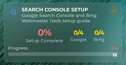 Search Console Setup widget showing Google and Bing Webmaster Tools setup progress